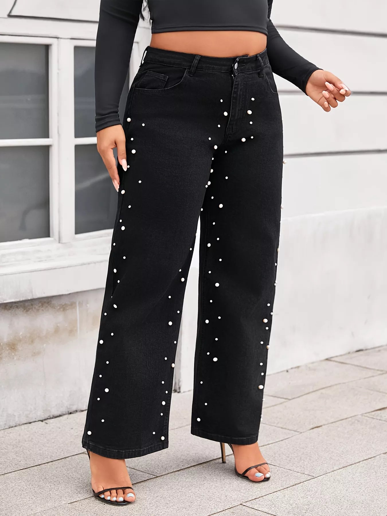 Plus size pearl-embellished wide leg jeans by Shopimist, showcasing the stylish denim with pearl accents and wide-leg fit.