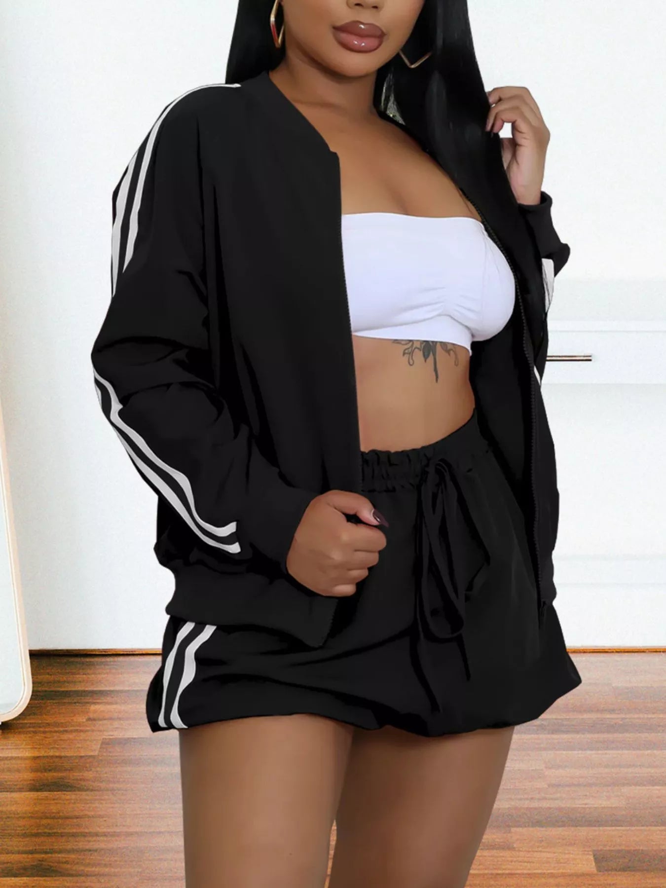 Striped Plush Fashion Hub zip-up outerwear and shorts set displayed on a mannequin, featuring a stylish matching design.