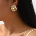 Pearl grid square stud earrings by Shopimist featuring elegant white pearls and modern geometric design.