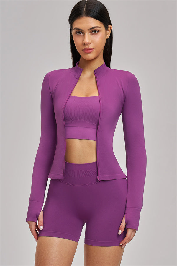 Fitglutes Activewear sports bra, shorts, and jacket 3-piece set for workout, featuring breathable fabric and sporty design.