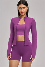 Fitglutes Activewear sports bra, shorts, and jacket 3-piece set for workout, featuring breathable fabric and sporty design.