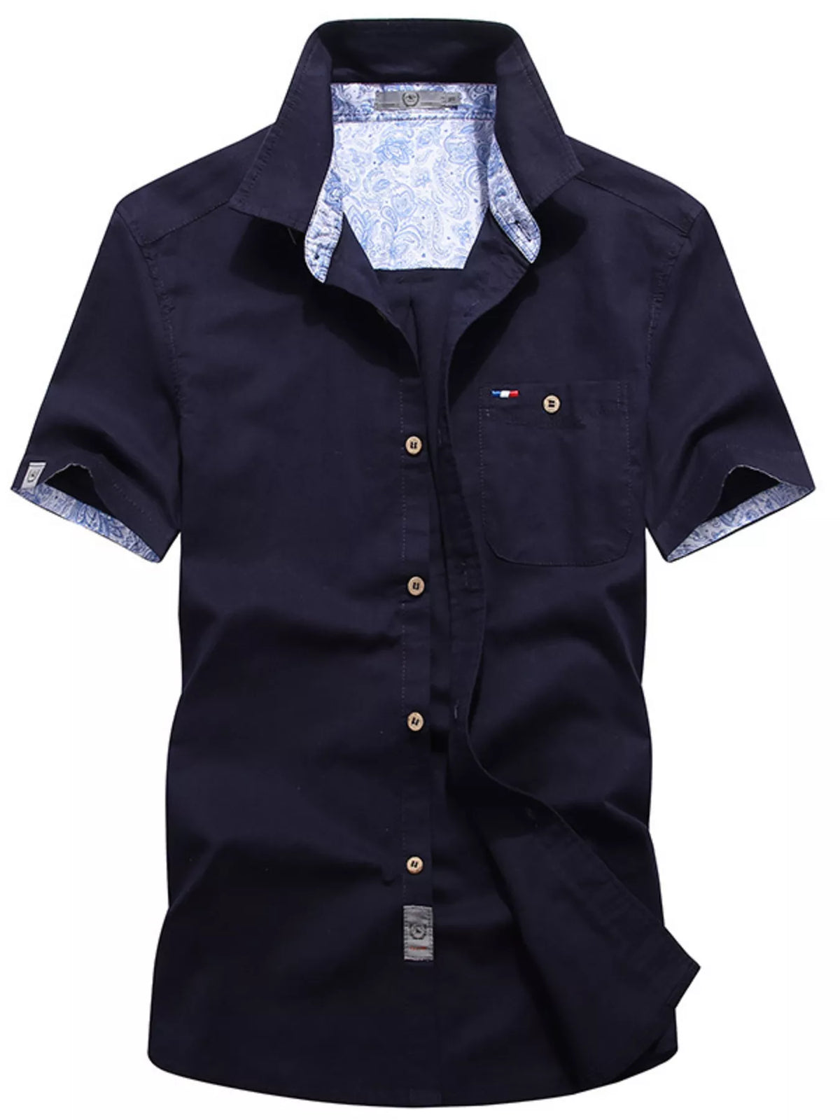 Men's plus size casual short-sleeve button-up shirt by Plush Fashion Hub, displayed on a hanger with a relaxed fit and classic collar.