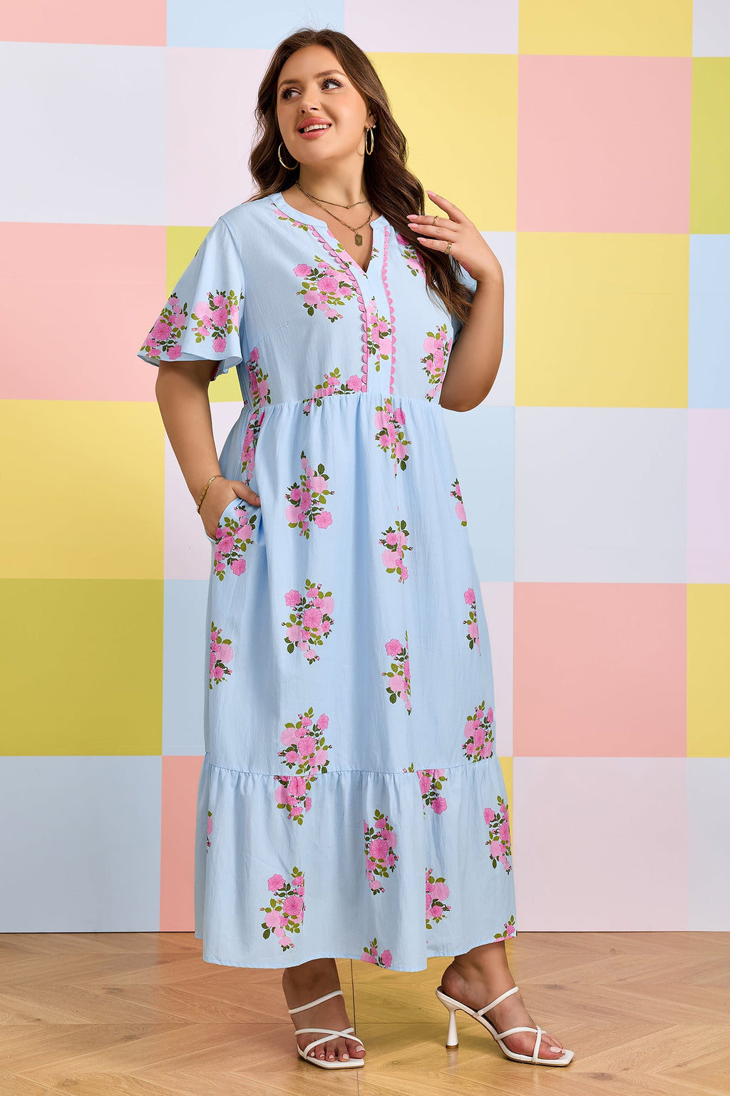 Plus size Lucy Print scalloped trim maxi dress by Threaded Pear, featuring a vibrant floral pattern and flowing silhouette.