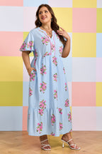 Plus size Lucy Print scalloped trim maxi dress by Threaded Pear, featuring a vibrant floral pattern and flowing silhouette.