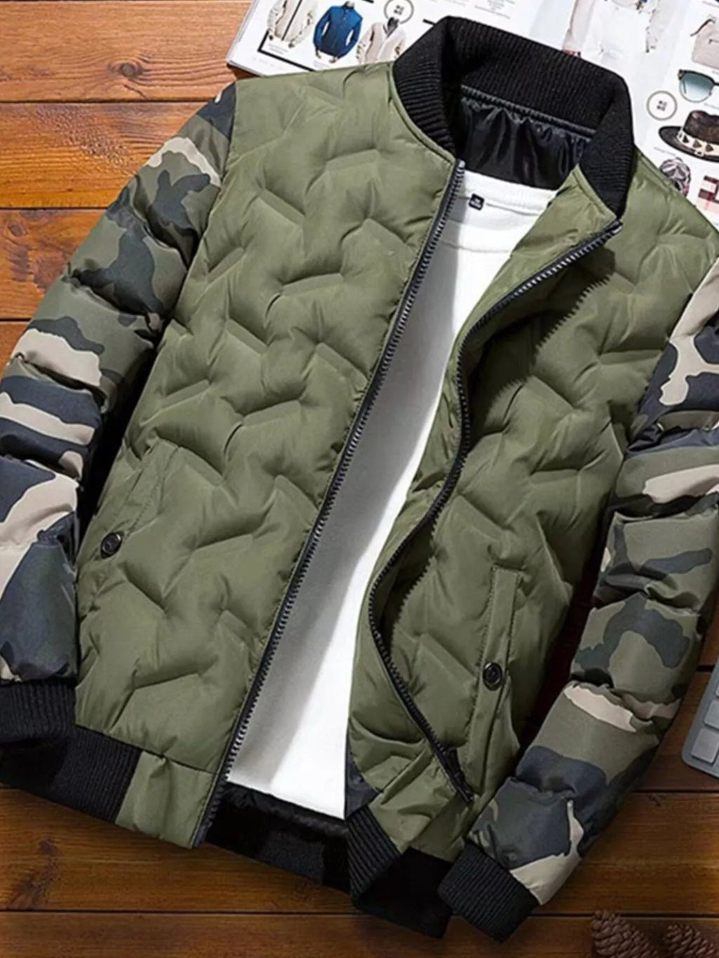 Men's full size camouflage padded bomber jacket by Shopimist, featuring a quilted design and adjustable cuffs.