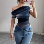 Women’s tie-dye one-shoulder mesh ruched top by Plush Fashion Hub, featuring asymmetrical design and stretch fabric for casual outings.