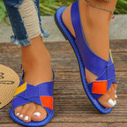 Colorful patchwork buckle flat sandals with ankle straps, trendy summer shoes from Trendsi featuring comfortable, vibrant design.