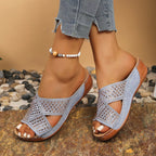 Women's rhinestone open toe wedge sandals with mid-heel, sparkly embellishments, trendy and comfortable for summer wear.