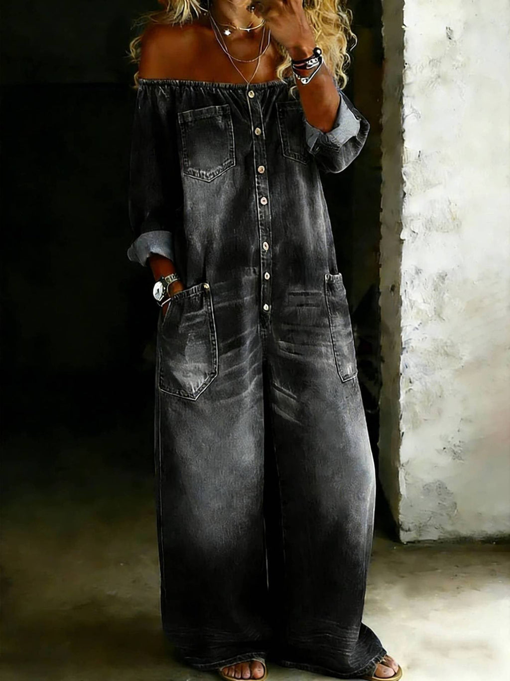 Women's off-shoulder washed faux denim jumpsuit with strap overalls, casualwear from Plush Fashion Hub.