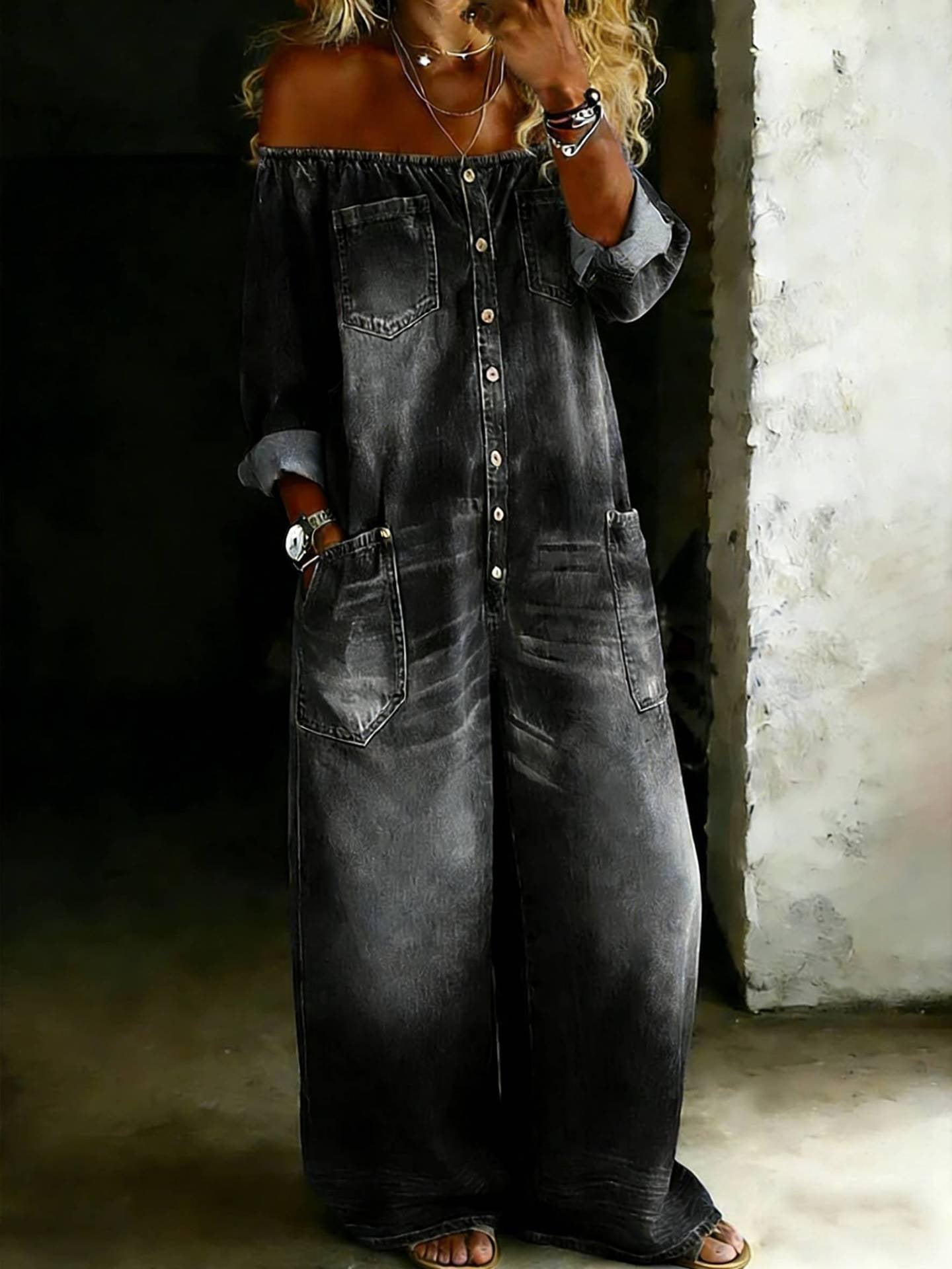 Women's off-shoulder washed faux denim jumpsuit with strap overalls, casualwear from Plush Fashion Hub.