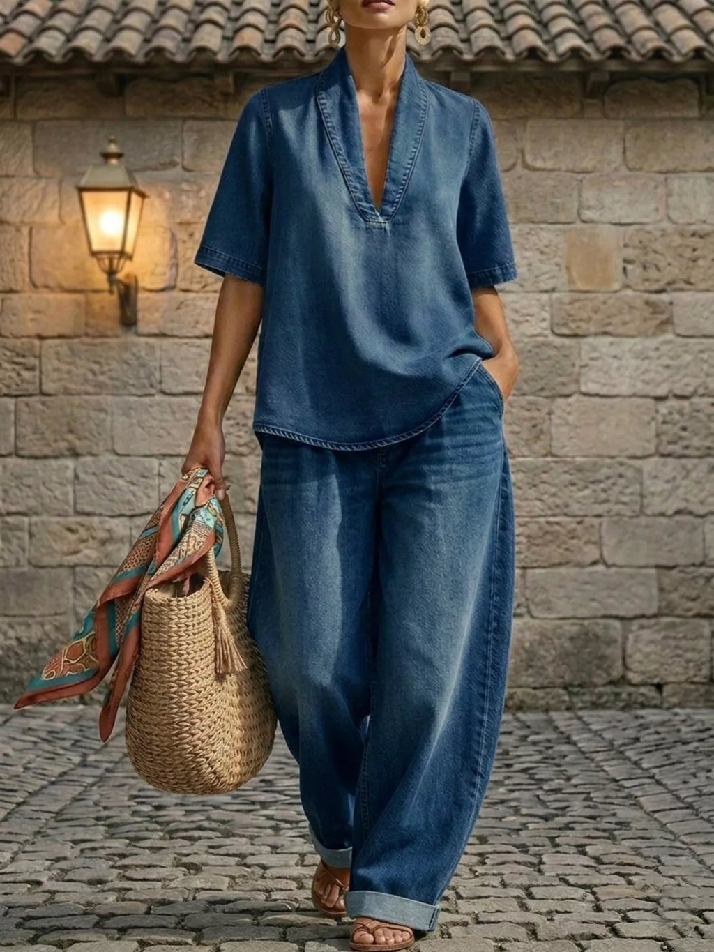Women's plus size half sleeve top and wide-leg pants set by Trendsi, stylish dress featuring comfortable, flowing fabric.
