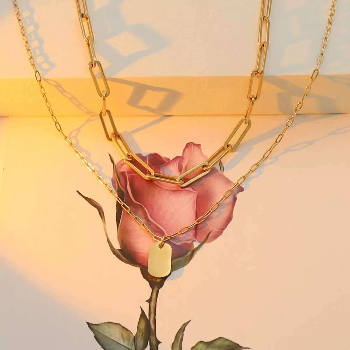 Gold-plated double layered necklace from Plush Fashion Hub featuring two elegant chains with subtle shine.