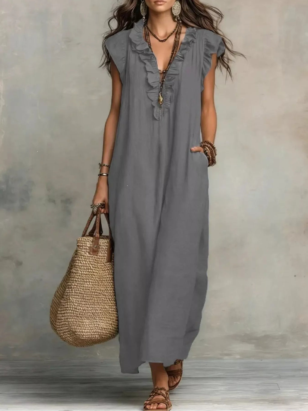 Plus size plush fashion hub ruffled v-neck cap sleeve maxi dress, full-length flowy dress with ruffle details and v-neck neckline.