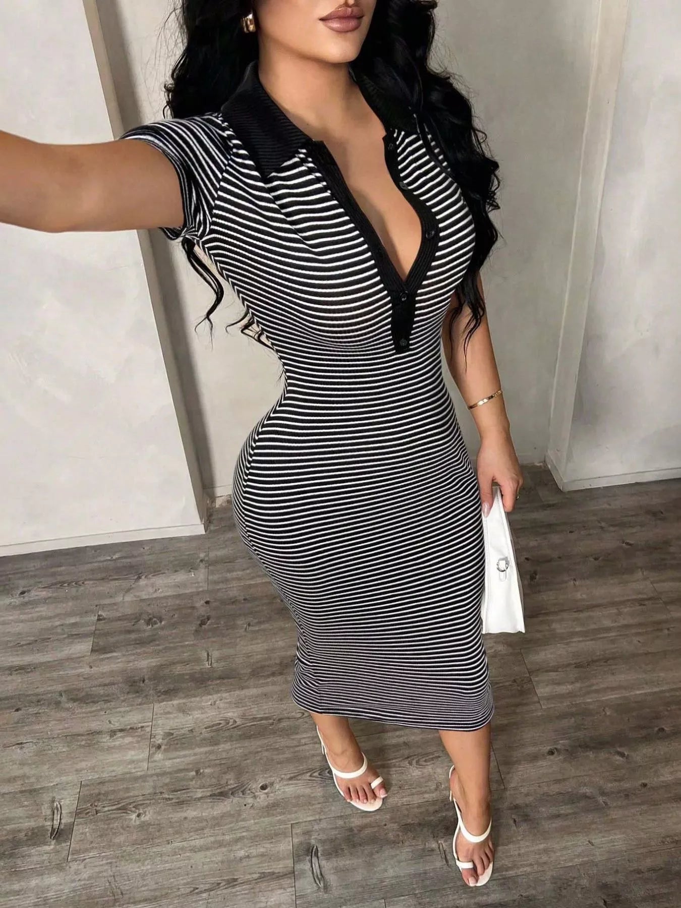 Striped polo collar midi dress by Shopimist featuring a fitted silhouette and stylish design, shown on a model.