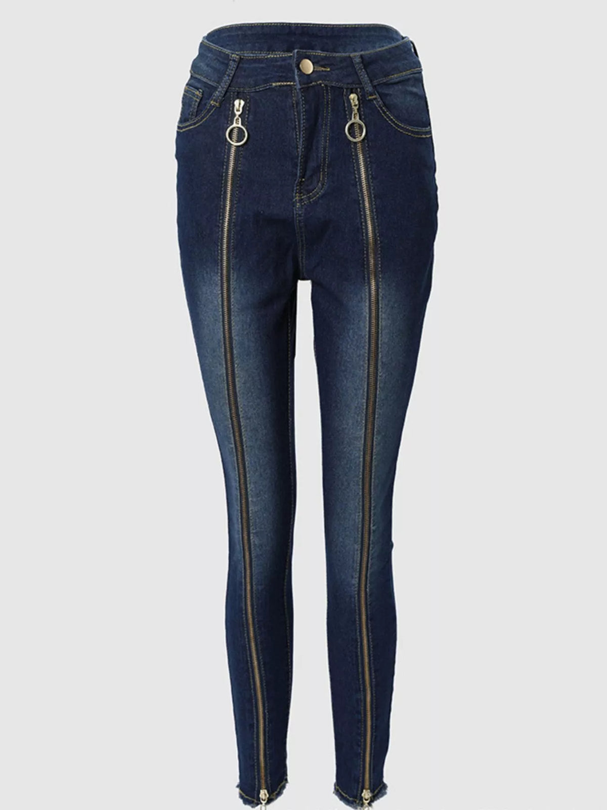 Plush Fashion Hub zipper front skinny jeans, blue denim with front zipper closure and fitted style, displayed on a mannequin.
