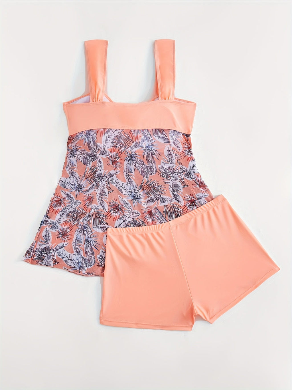 Plus size Stevvex mesh print off-shoulder 2-piece tankini swimsuit with contrast mesh detail, stretchy and comfortable for summer beachwear.