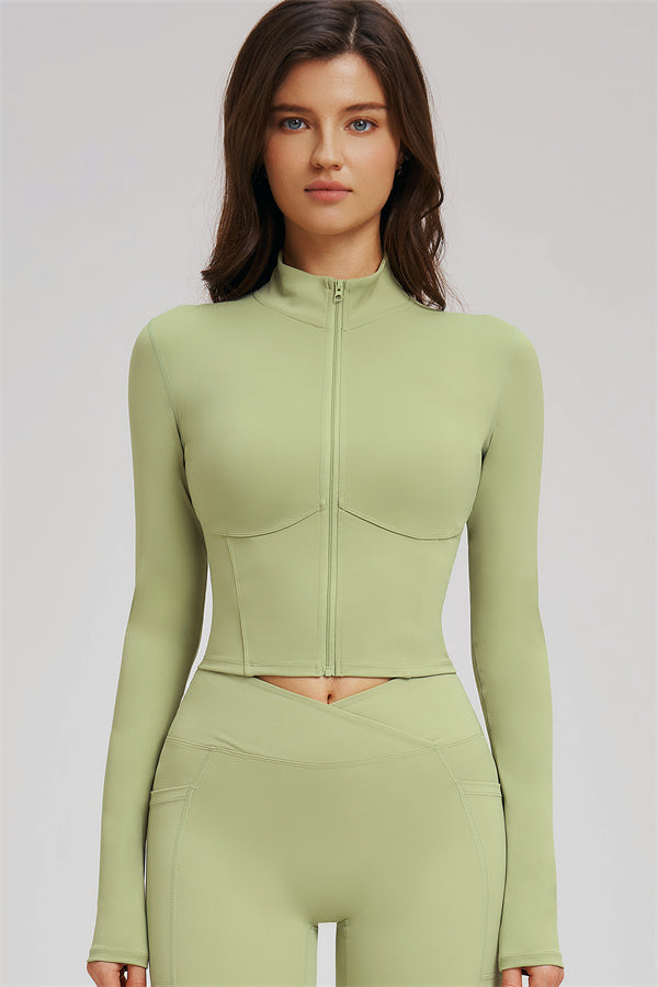 Fitglutes Activewear sports bra, zip jacket, and shorts 3-piece set for workout and gym activities.