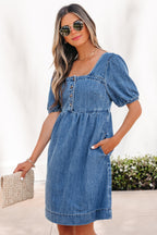 Light blue Karina Puff Sleeve Mini Dress by Threaded Pear featuring puffed sleeves and a fitted silhouette.