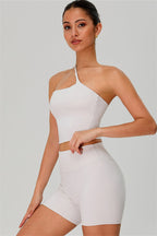 Fitglutes activewear one-shoulder crop top and shorts 2-piece set for gym and workout, featuring stylish sportswear design.