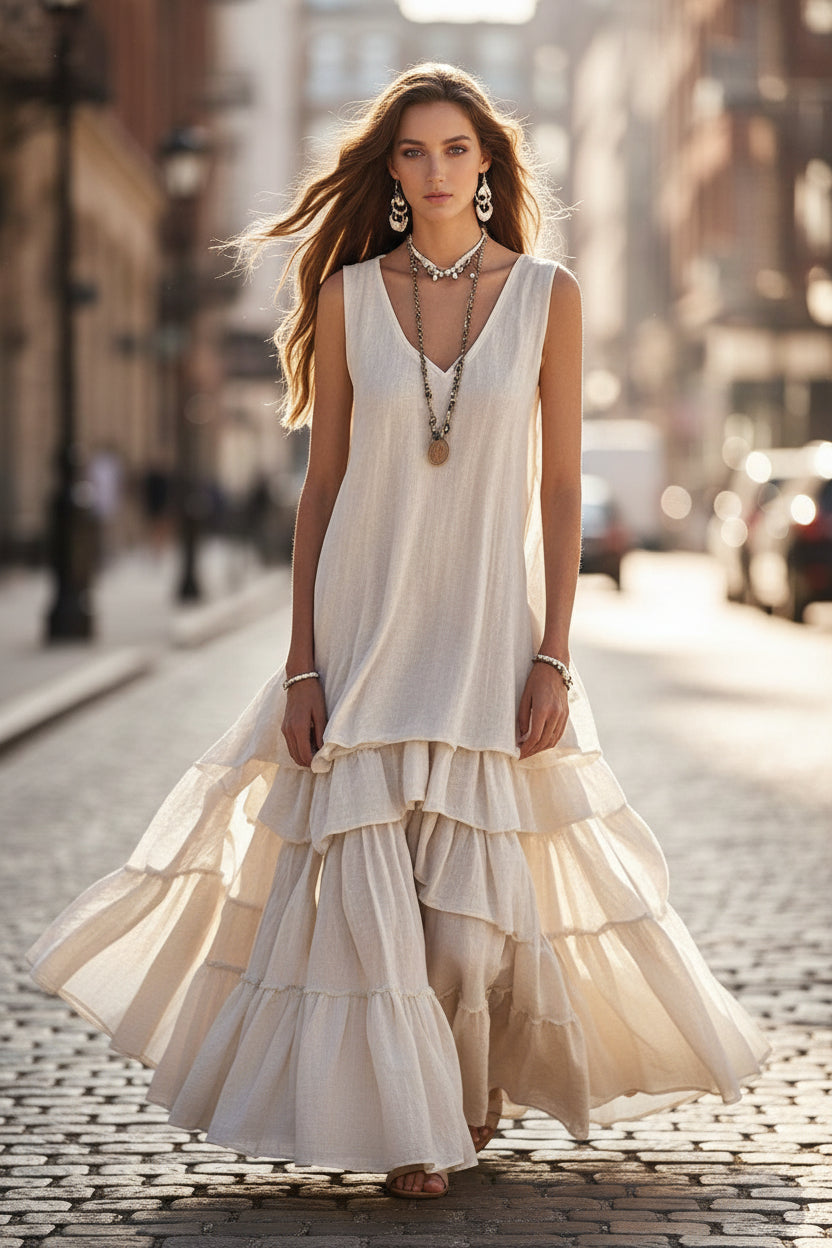 Loose umbrella skirt sleeveless maxi dress by FitiqueFit in cotton-linen style, featuring a flowing, relaxed design ideal for warm weather.