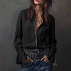 Women's ruffled sleeve resort shirt by FitiqueFit, casual long blouse with stretch fabric and stylish ruffle details.