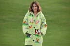 Women’s floral linen cardigan by FitiqueFit featuring a retro hood, loose knit design, and floral pattern.