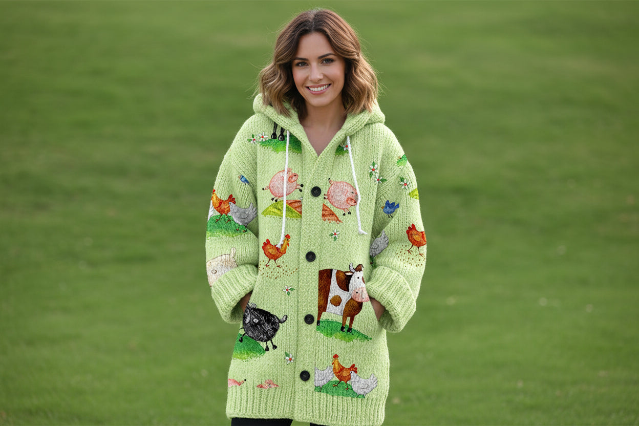 Women’s floral linen cardigan by FitiqueFit featuring a retro hood, loose knit design, and floral pattern.