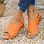 Shopimist peep toe wedge sandals with beige straps and chunky heel, perfect for casual summer or stylish outings.