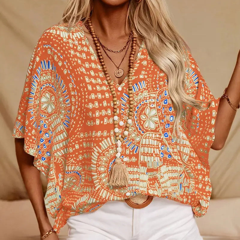 Mandala print V-neck blouse by FitiqueFit, casual vacation top with colorful, intricate mandala design and relaxed fit.