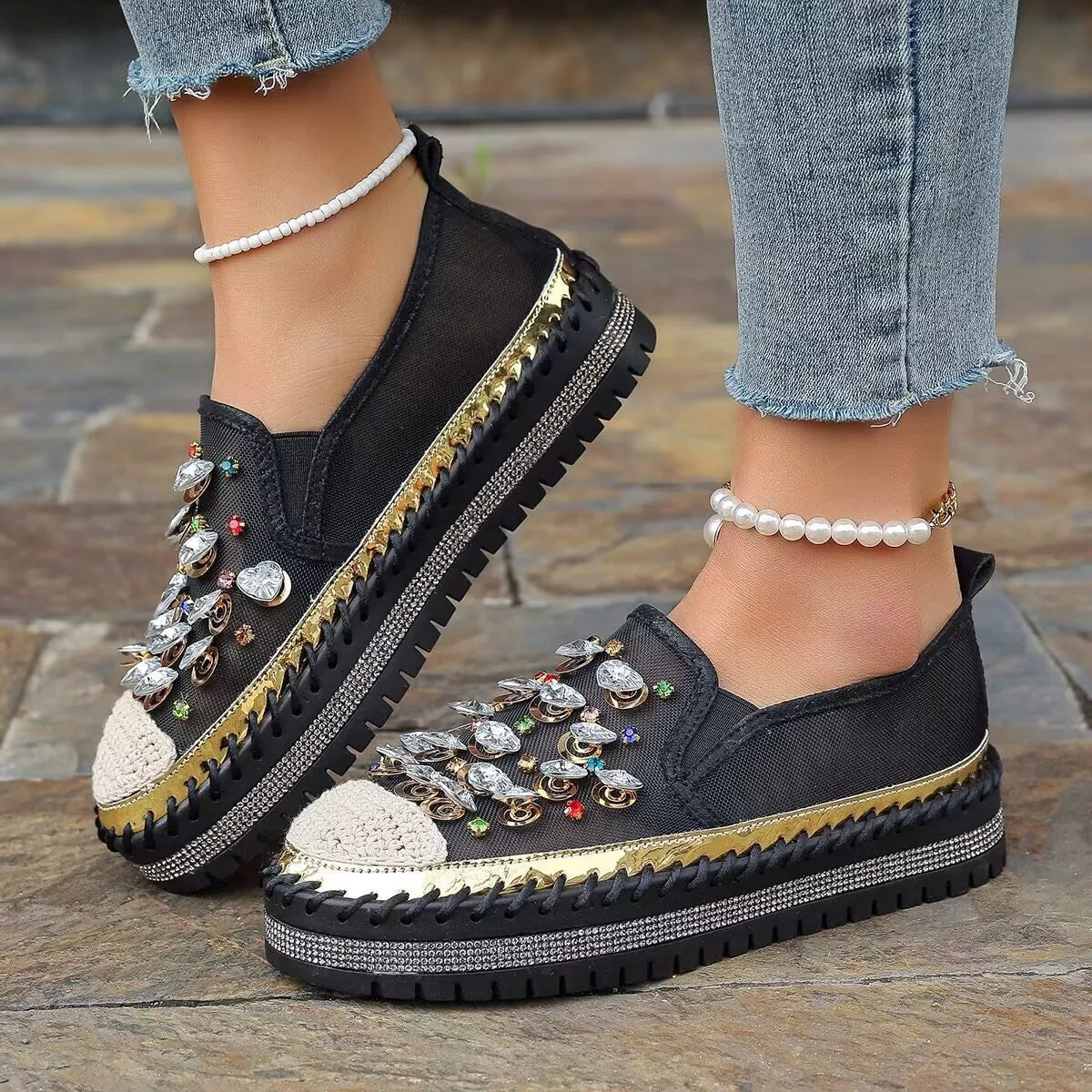 Rhinestone decor platform loafers from Trendsi featuring sparkling rhinestones on black slip-on footwear.