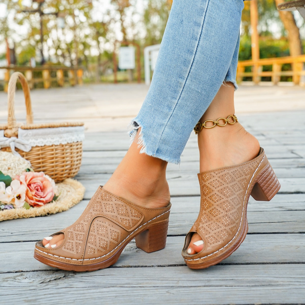 Women's chic peep toe block heel sandals with comfortable mid-heel, stylish dress shoes from Trendsi.
