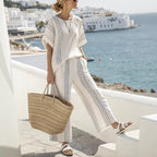3D print batwing sleeve two-piece set with loose t-shirt and straight-leg pants from Plush Fashion Hub, shown on a model.