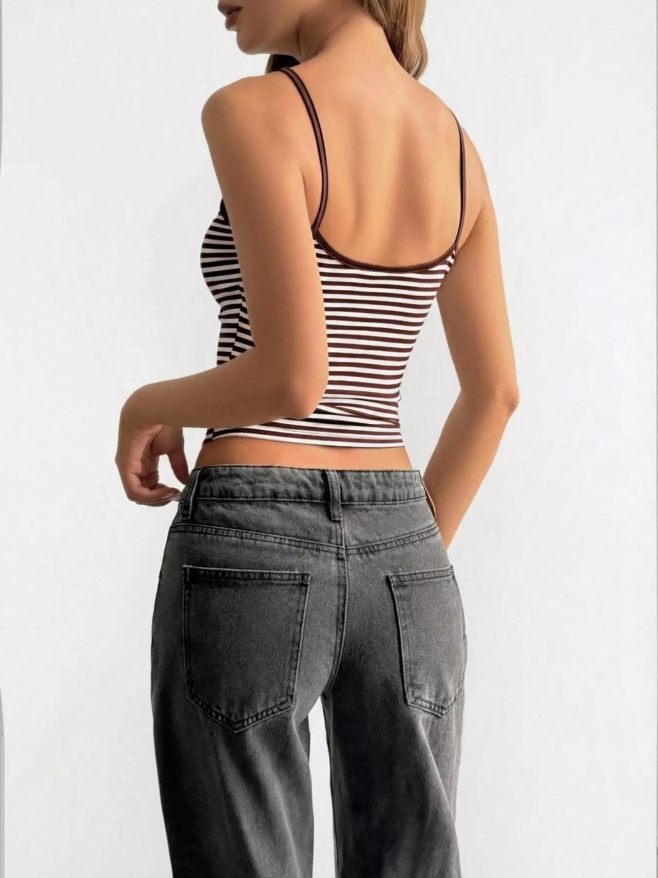 Striped scoop neck cami shirt by Plush Fashion Hub shown in the image, featuring a fitted design with colorful horizontal stripes.
