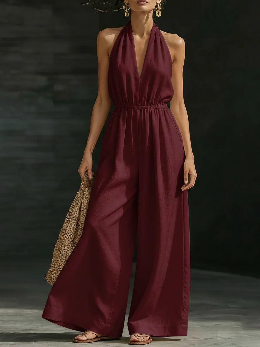V-neck halter neck jumpsuit for women by Plush Fashion Hub, showcasing the stylish design and fit of the one-piece outfit.