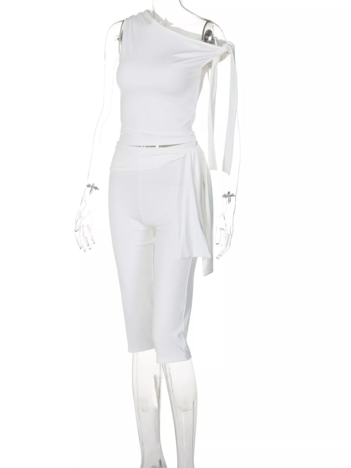 Plush Fashion Hub tied one shoulder top and matching capris set, casual stylish outfit, shown in black fabric with relaxed fit.