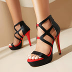 Black and red platform heels with bold strappy design for women, trendy Attic Store01 women’s shoes.
