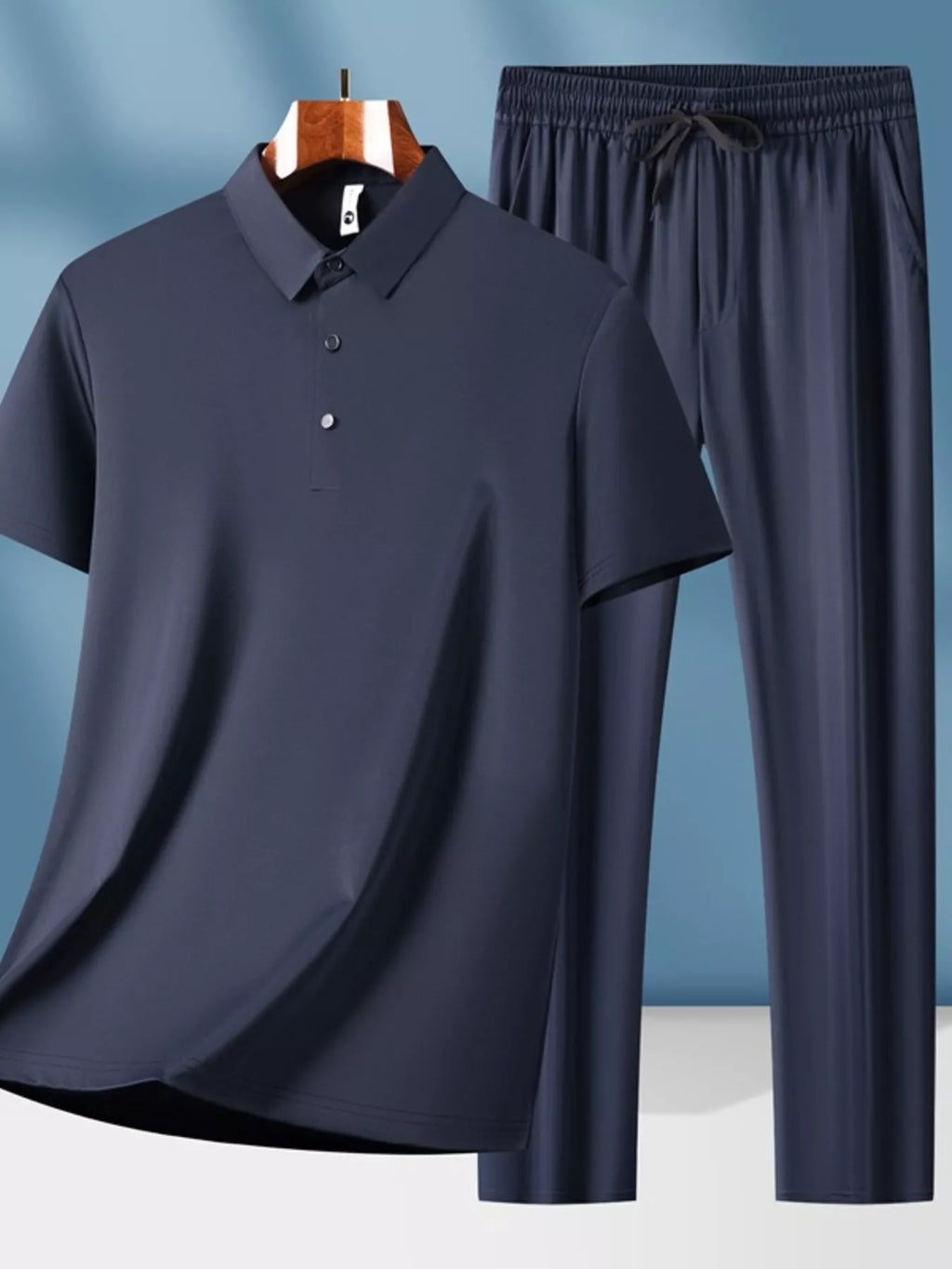 Plus size men's short sleeve top and pants set with button details, stylish and comfortable outfit by Shopimist.