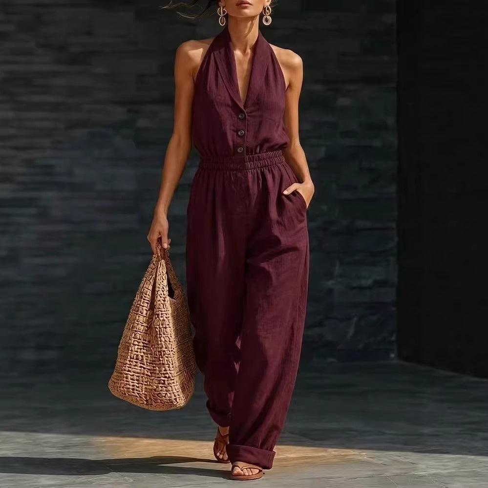 Women's knitted V-neck slim-fit cropped jumpsuit in casualwear style, featuring a fitted silhouette and textured knit fabric.