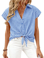 Women's classic gingham print button-down shirt with tie detail, styled with rolled sleeves and front chest pocket.