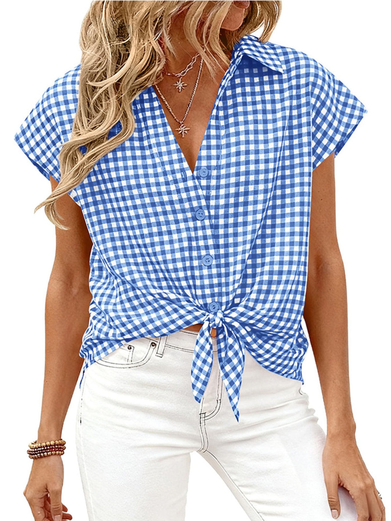 Women's classic gingham print button-down shirt with tie detail, styled with rolled sleeves and front chest pocket.