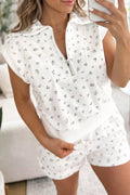 Floral print half zip top and matching short set from Shopimist, lightweight fabric, vibrant floral design, perfect for casual wear.