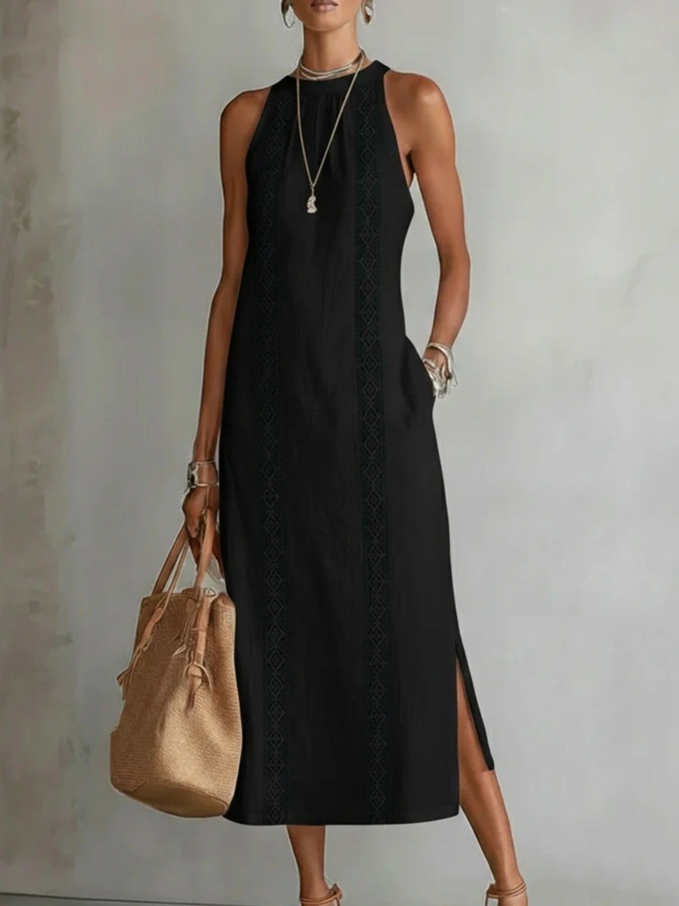 Plush Fashion Hub sleeveless hollow-out midi dress with side slit and pockets, showcasing a stylish, modern design.