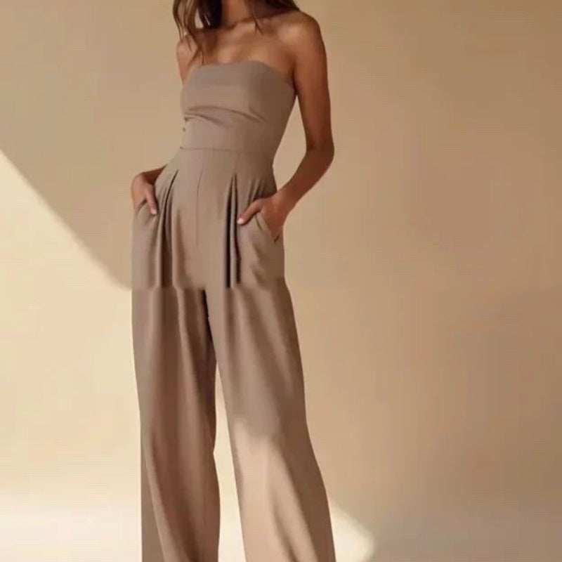 Backless loose tube-top jumpsuit with wide-leg long pants, stylish women's overalls by Plush Fashion Hub.