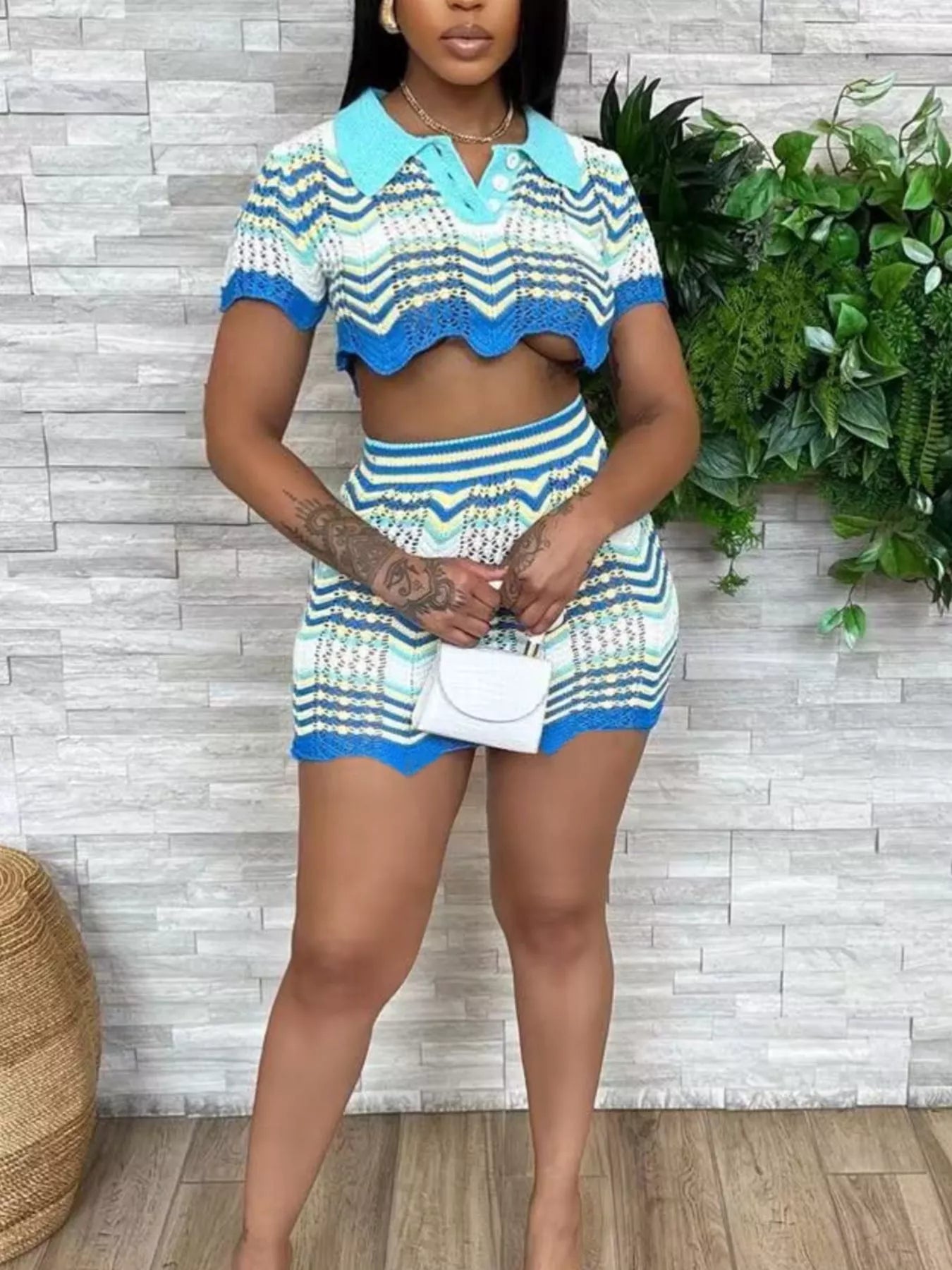 Plush Fashion Hub chevron knit polo crop top and mini skirt set, featuring a stylish two-piece knit outfit with bold pattern.