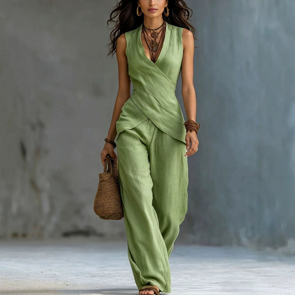 Women's V-neck crossover tank top and casual trousers two-piece set by FitiqueFit, featuring a relaxed fit and comfortable fabric.