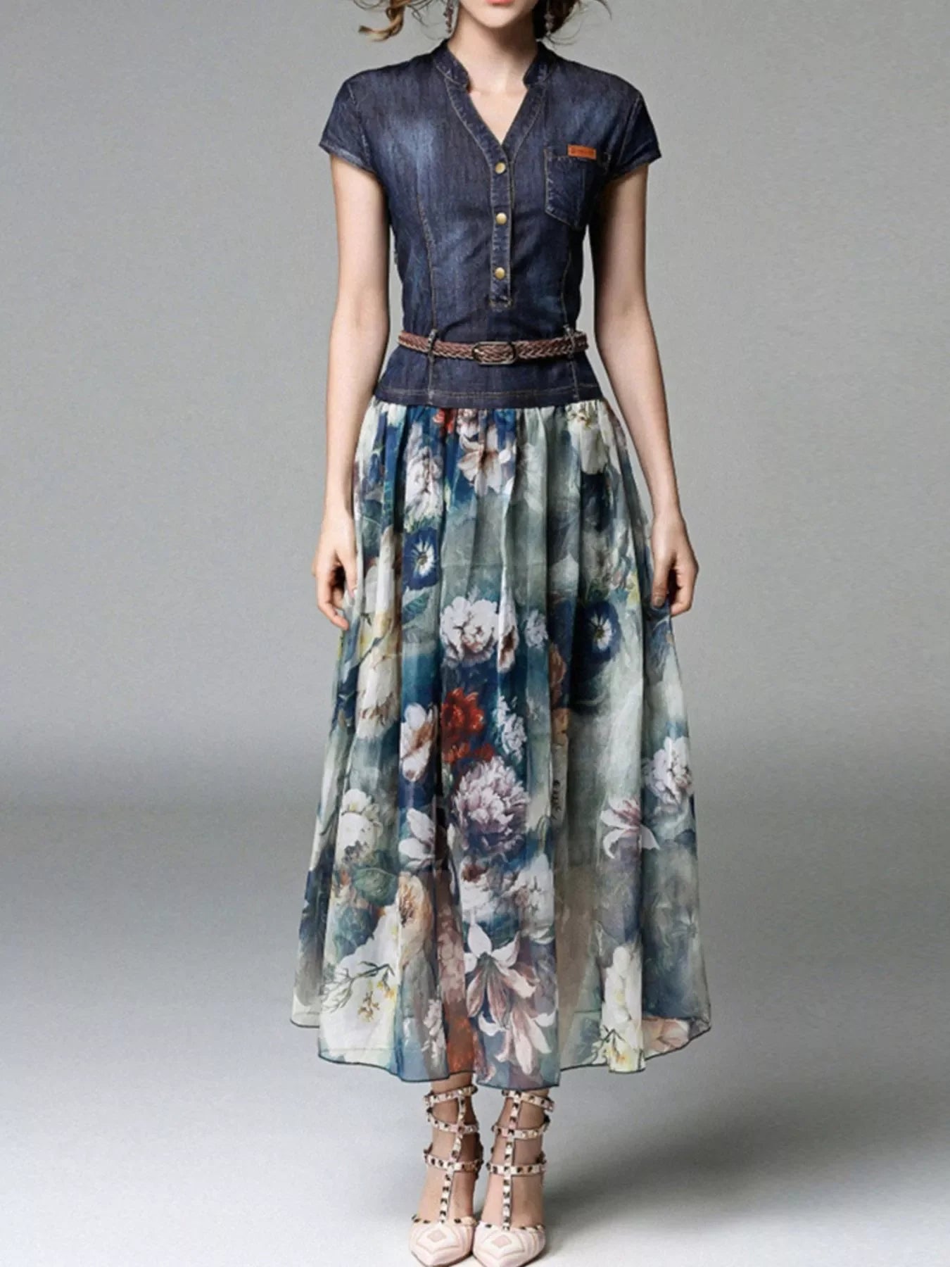 Plus size full chiffon patchwork floral print dress by Plush Fashion Hub, featuring lightweight fabric and vibrant floral design.