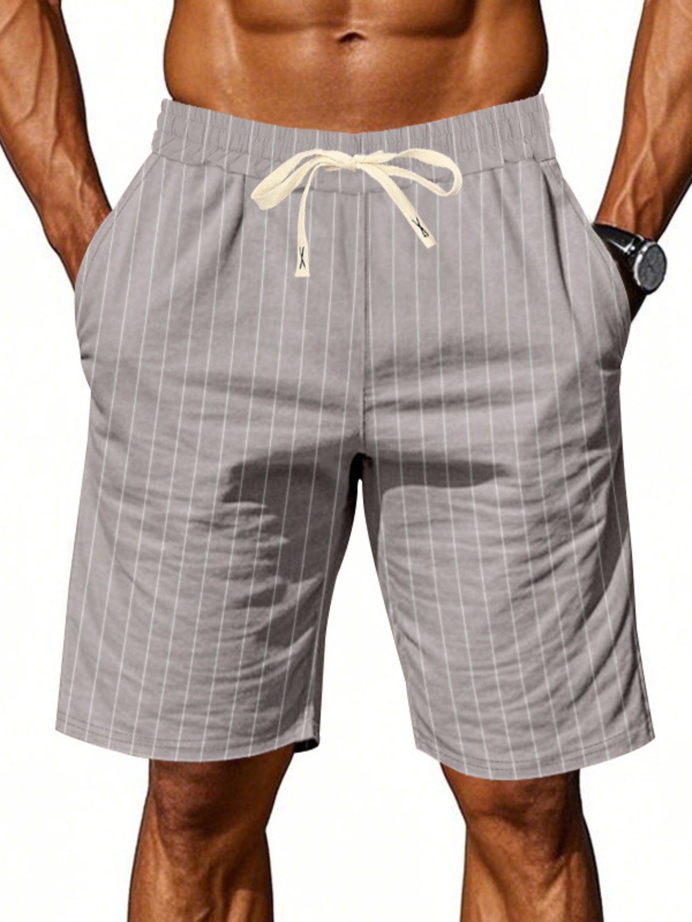 Men's plus size striped casual shorts with drawstring waist from Trendsi, shown in a full-length view.