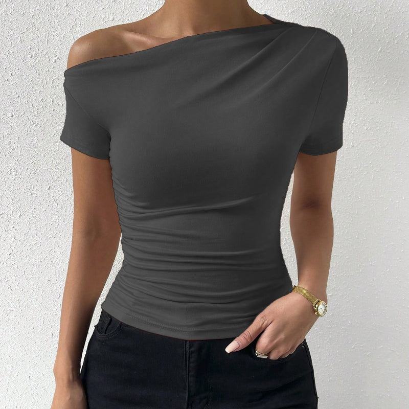 Women’s Y2K ruched one-shoulder summer top from Plush Fashion Hub, slim fit asymmetrical casualwear in vibrant fabric