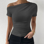 Women’s Y2K ruched one-shoulder summer top from Plush Fashion Hub, slim fit asymmetrical casualwear in vibrant fabric