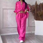 FitiqueFit wide-leg pants and lace-up top two-piece set in solid color, available in 12 colors, size S to 5XL.